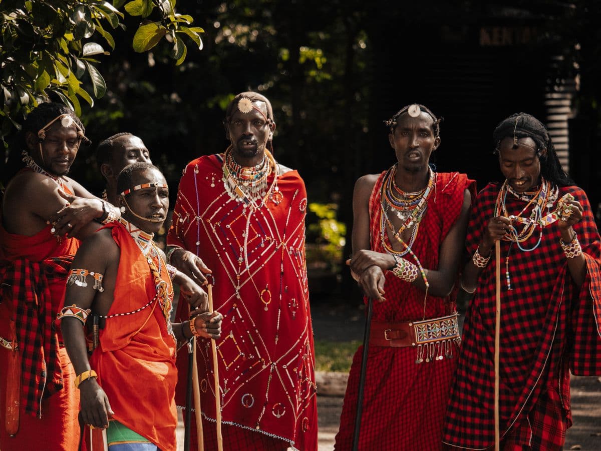 Maasai performers in traditional dress at a cultural event in Nairobi, Kenya